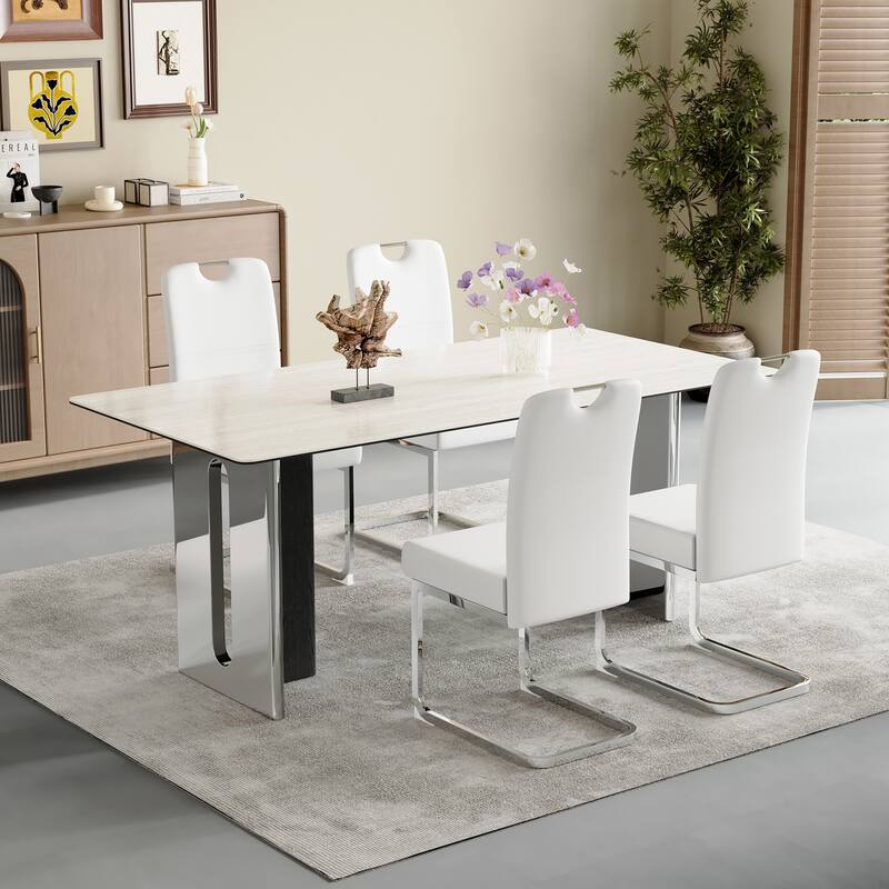 Set of 4 white thickened dining chairs with built- in spring packages and ergonomic design,perfectly blending comfort an
