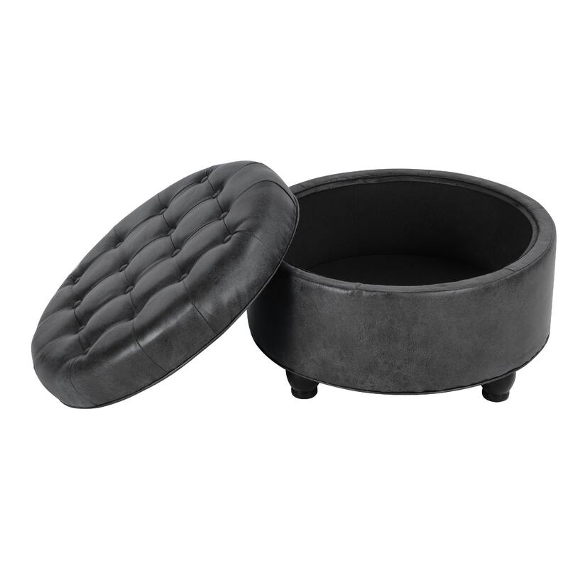 Gery Storage Ottoman, 25 Inch Round Tray Top, Dark Gray Faux Leather