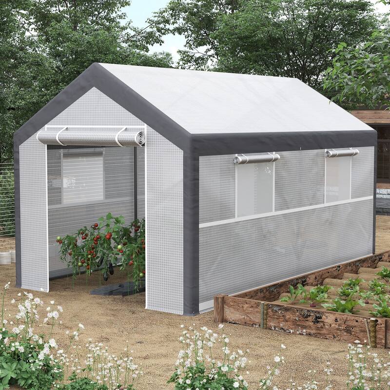 Outsunny 12' L x 7' W x 7' H Walk-in Outdoor Tunnel Greenhouse, PE Cover, Steel Frame, 2 Roll-Up Zipper Doors & 4 Windows - Plastic/Steel