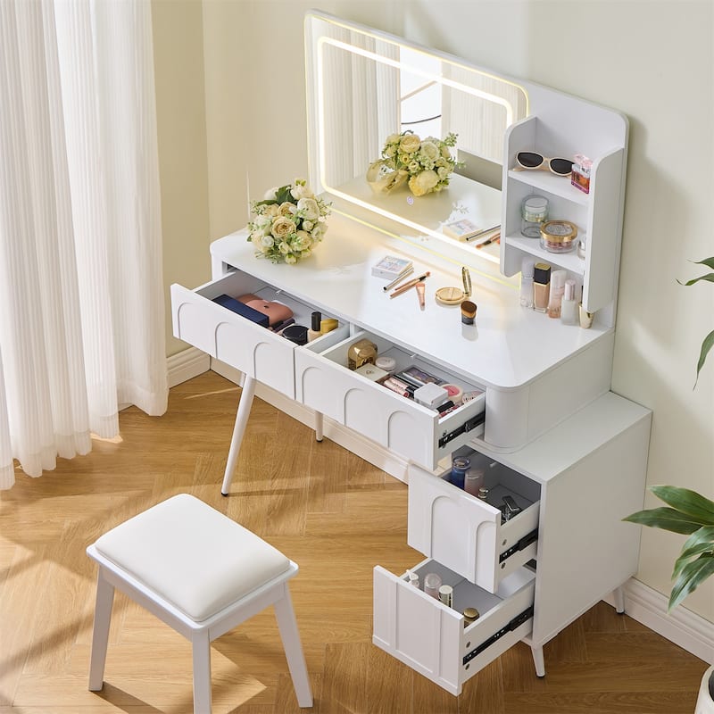 Modern 3 Colors LED Makeup Vanity Desk with Mirror, 4 Drawers and Stool