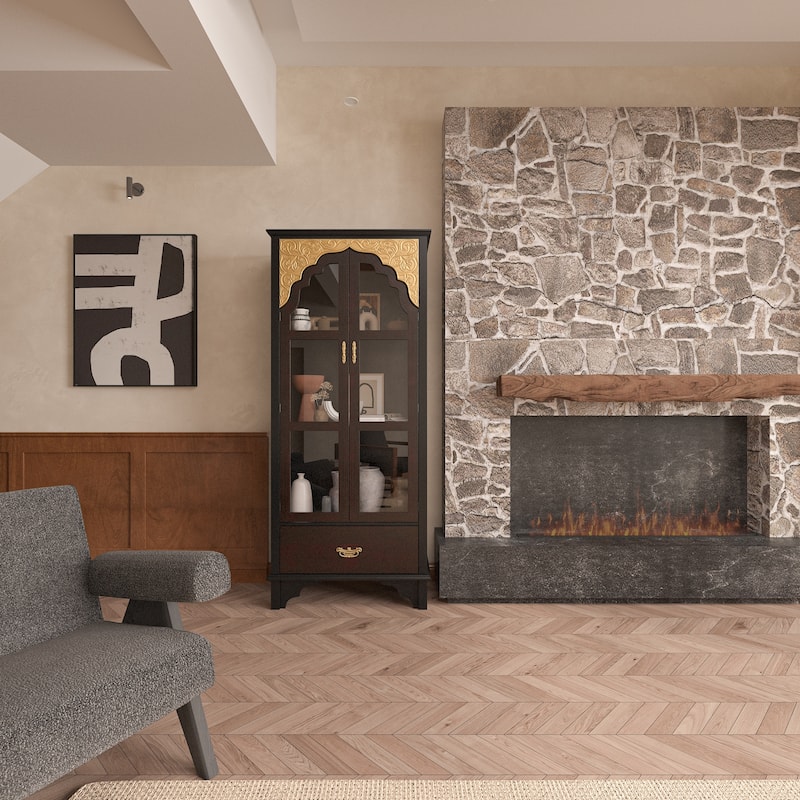 Oak Finish Fir Wood Wooden Curio Cabinet Display Storage Case Bathroom Cabinet Bookcase - 70.9"Hx31.5"W