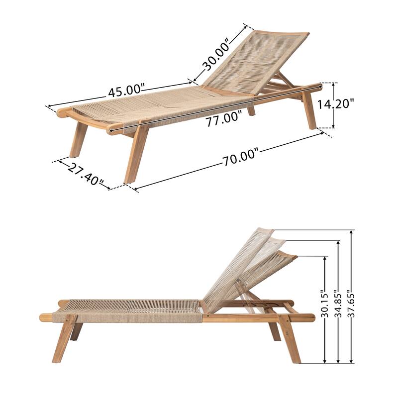 Roomfitters Catania Outdoor Acacia Wood Chaise Lounge with Rope Seat, Adjustable Recliner, Teak Finish Set of 2