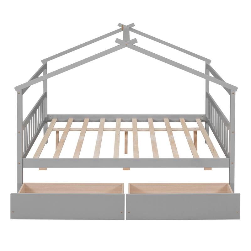 Full Size Wooden House Bed with 2 Drawers, Pinewood Frame, Kids Daybed, No Box Spring Needed