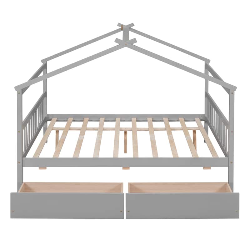 Kids' Twin/Full Wooden House Bed with Drawers, House-Shaped Frame, and Pine Wood Construction