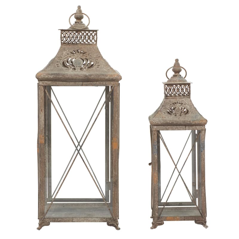 Metal Decorative Candle Lantern - Set of 2 Brown - Roche River Decor - 9"W x 9"L x 24"H