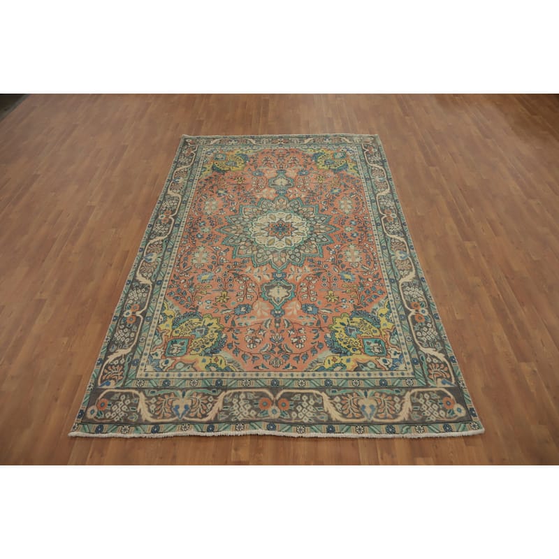 Hand Knotted Oriental 100% Wool Carpet Traditional Medallion Coral Tabriz Area Rug - 9' 9'' X 6' 3''
