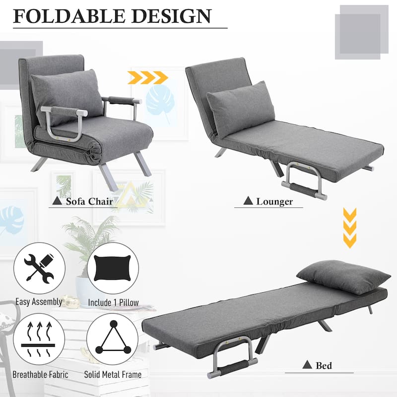 Light Grey 73" Single Person Folding 5 Position Convertible Sofa Bed with Pillow and Steel Frame for Home Office