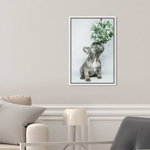 Oliver Gal 'Puppy Holiday Gift' Animals Gray Wall Art Canvas Print