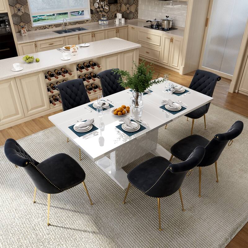 7-Piece Clihome High-gloss Extendable Table Velvet Chair Dining Set