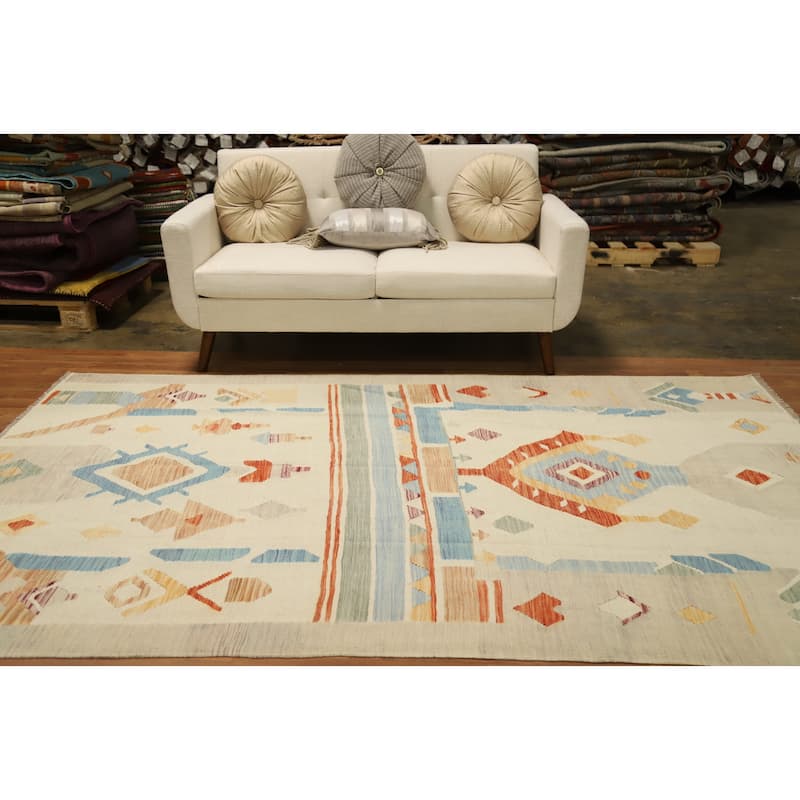 Hand Woven Oriental 100% Wool Carpet Southwestern Tribal Beige & Ivories Kilim Area Rug - 9' 1'' X 5' 8''
