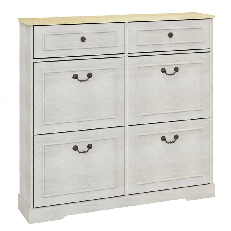 39.37 in. H x 41.3 in. W Antique White Shoe Cabinet with 2 Drawers and 4 Flip Drawers