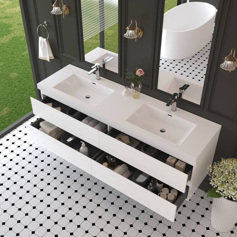 Modern Wall-Mounted Bathroom Vanity with White Solid Surface Top