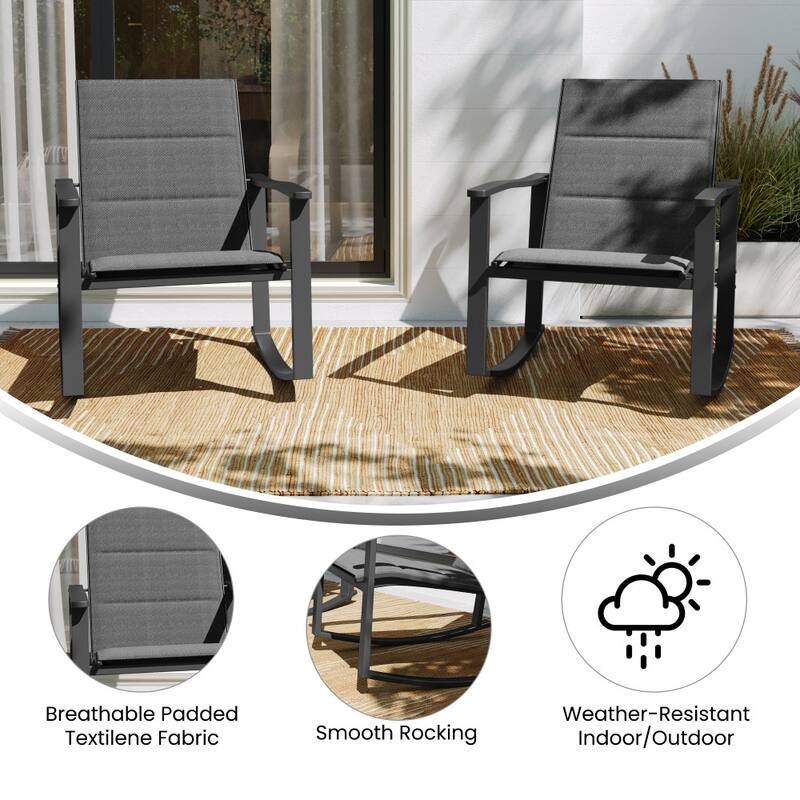 Set of 2 All Weather Flex Comfort Rocking Chairs with Metal Frames-Black/Black