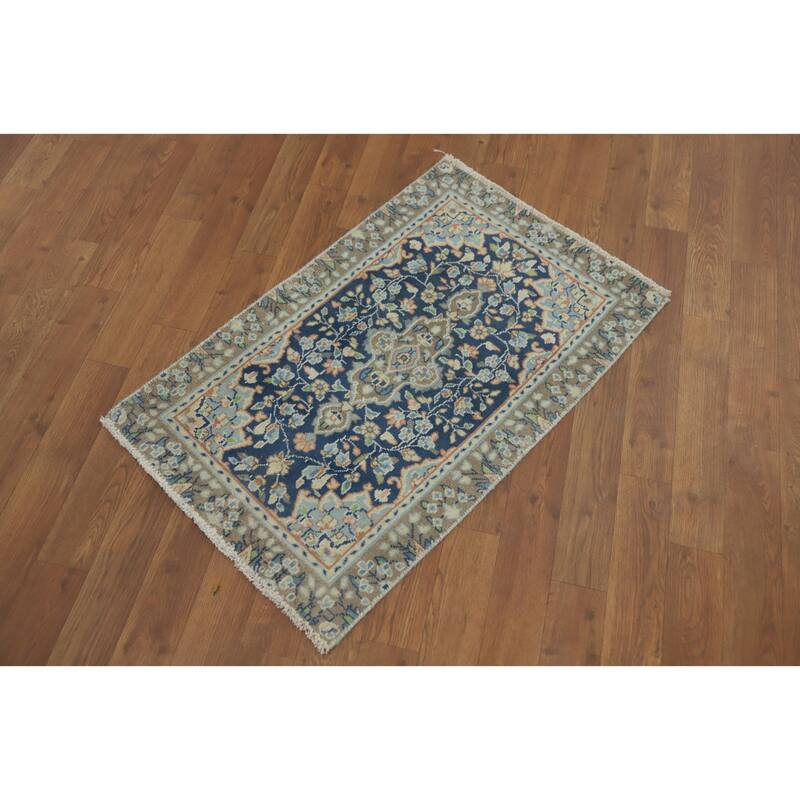 Hand Knotted Oriental 100% Wool Carpet Traditional Floral Navy Blue & Blues Kerman Area Rug - 2' 10'' X 1' 10''