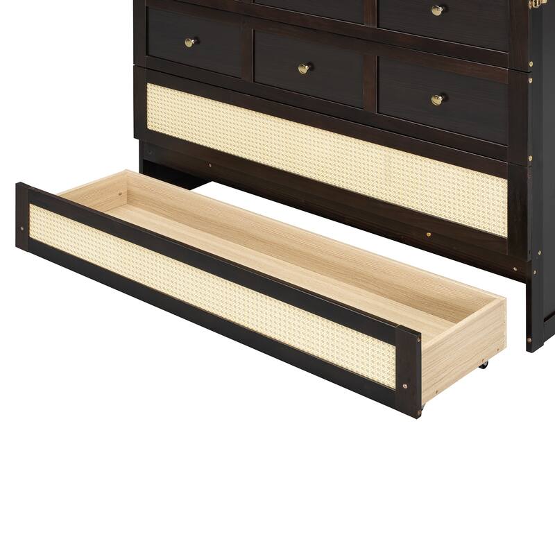 Rattan Weaving Accents Murphy Bed Full Size Foldable Wall Cabinet Bed with Underbed Storage Drawers and Golden Handles