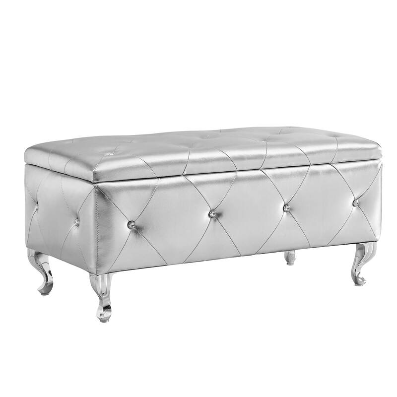 Storage Bench Leisure Stool with Safety Hinged Flap, End of Bed Decorative Bench with Crystal Buttons and Metal Legs - Silver