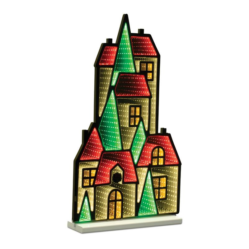 Acrylic Winter Village House with Infinity Lights and Pine Accents - 16.5” x 4” x 28” (L x W x H) - Green/White/Red