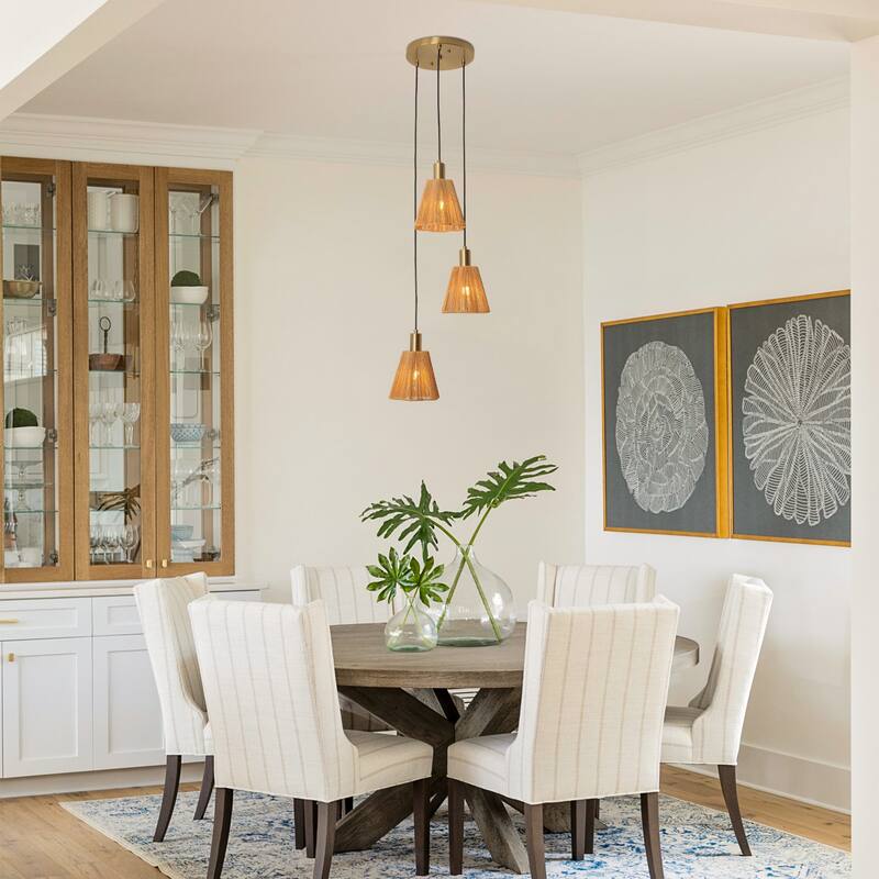 15" W Brass 3-Light Kitchen Island Pendant Light with Paper Rope Shades