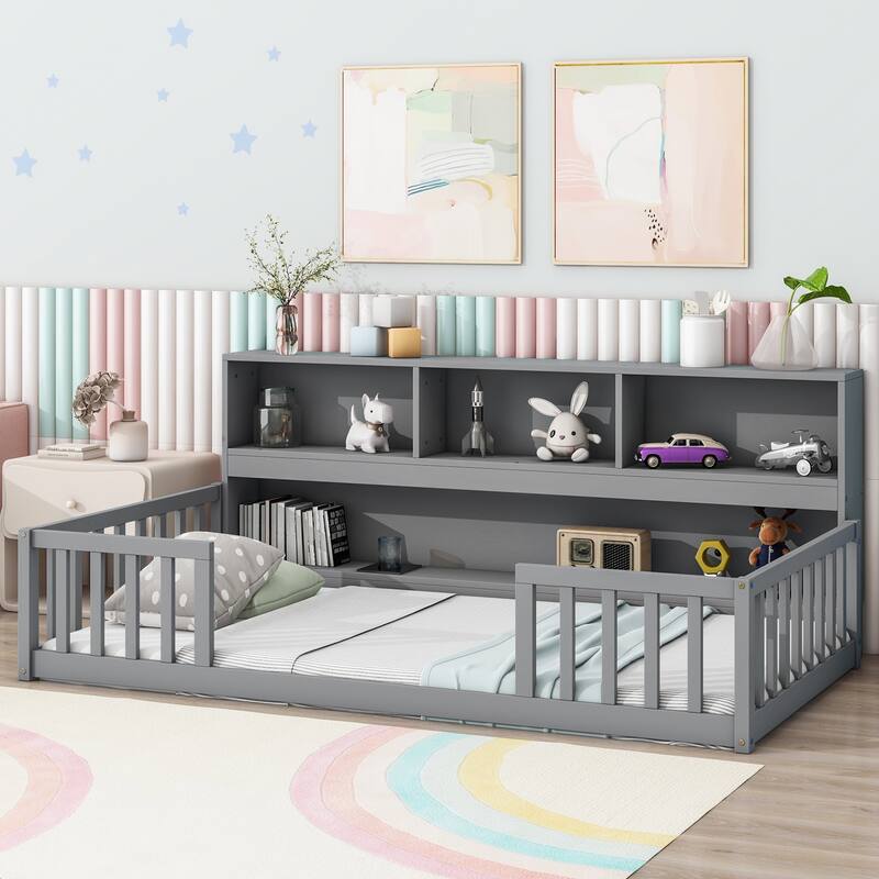 Floor Bed with Bedside Bookcase,Shelves,Guardrails