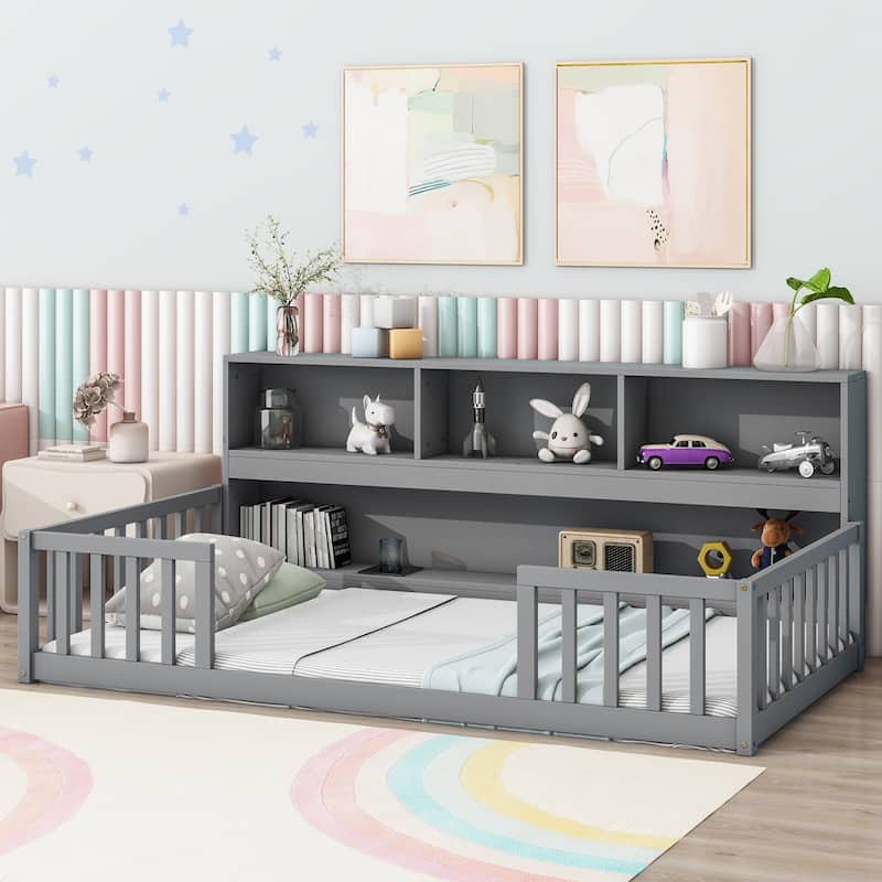 Grey Twin Floor Bed with Built-in Bookcase, Shelves and Safety Guardrails