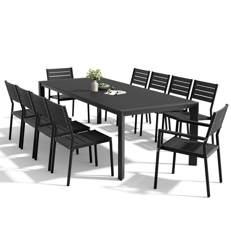 Set of 11 Outdoor Patio Dining Set WoodLike Table Top Aluminum Rectangular Umbrella Hole Table with Stackable Chairs Set
