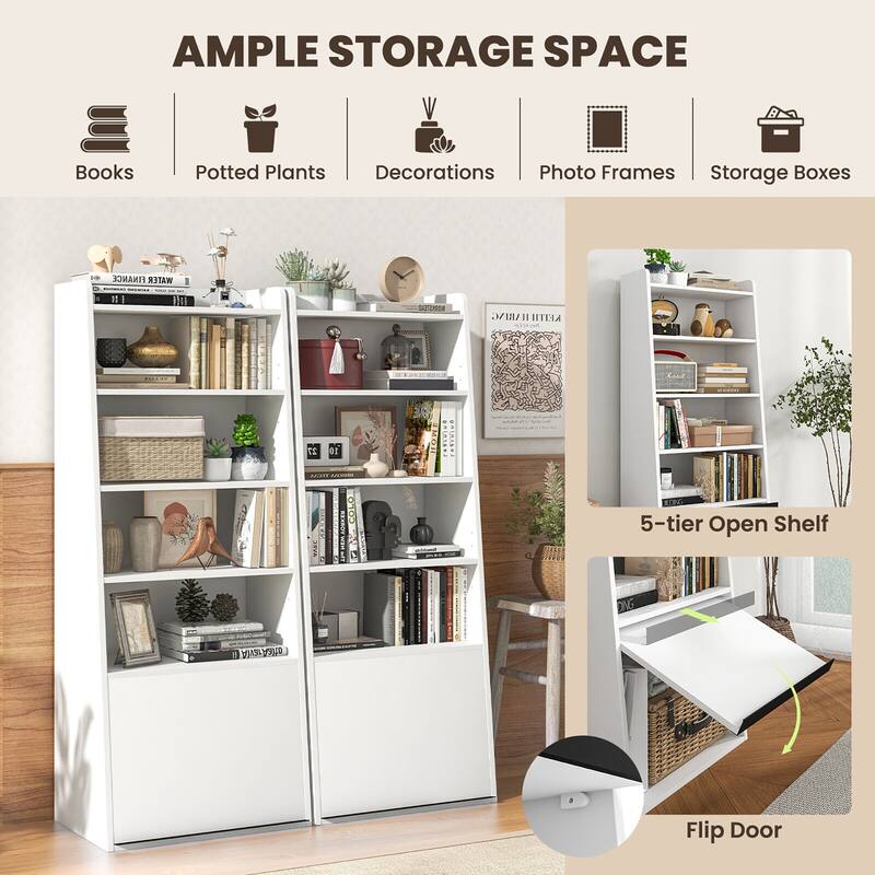 Gymax 6-tier Bookcase w/ 2 Adjustable Shelves Filp-up Door 5 Open
