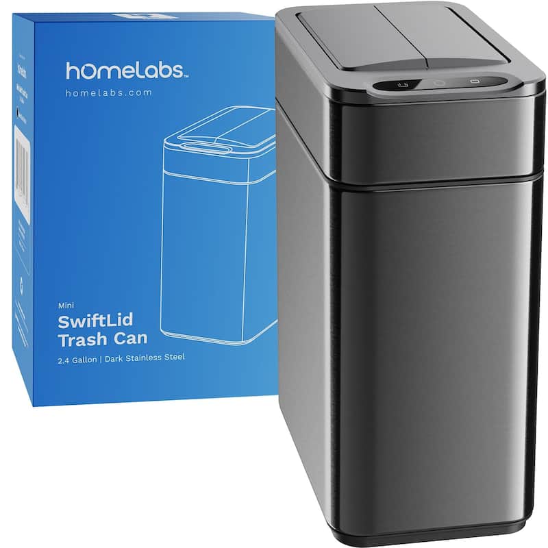 hOmeLabs 2.4 Gallon Kitchen Trash Can - Retractable Sensor Butterfly Lid, Easy Clean, Battery-Operated - Dark Stainless Steel