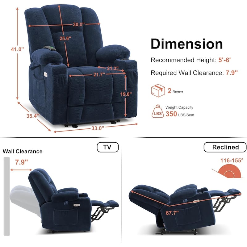 MCombo Electric Power Recliner Chair with Massage & Heat, Plush Fabric 8015