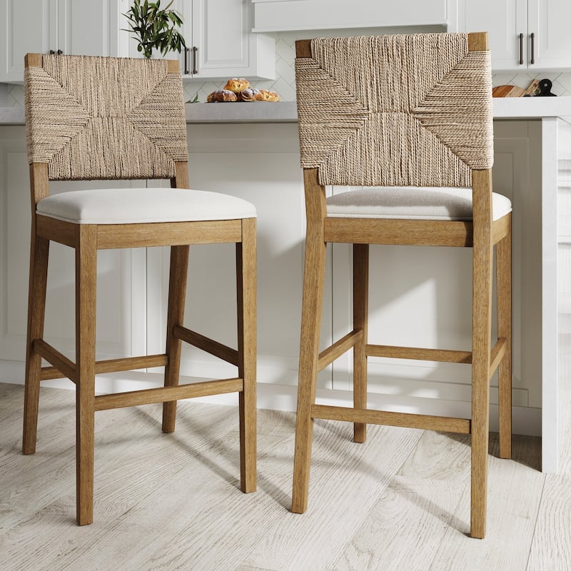Beacon Bohemian Boucle Bar Stool, Upholstered Counter Height Chair with Solid Wood Frame and Woven Seagrass Back - Set of 2 - Cream Boucle/Light Brown - Bar Height