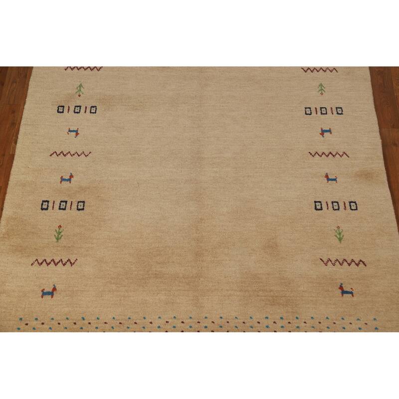 Tribal Gold Gabbeh Oriental Area Rug Hand-Knotted Modern Wool Carpet - 4'8" x 6'6"