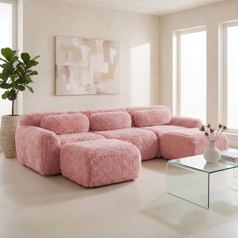 Homy Casa Pink Plush Modular Sectional Sofa Set Soft Cloud Floor Couch - P6 - PINK6