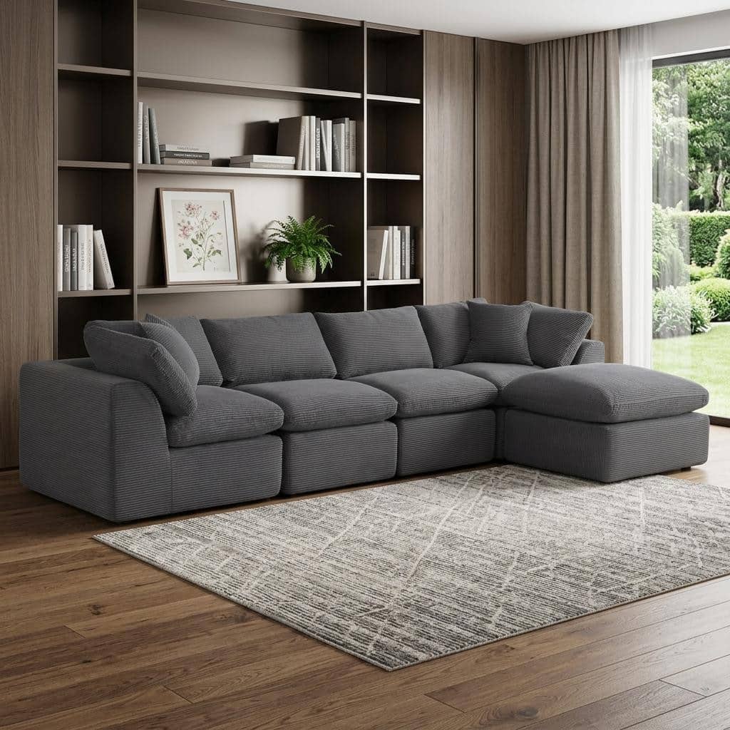 HomeRoots 138" Dark Gray Corduroy Modular Sofa With Ottoman And Toss Pillows