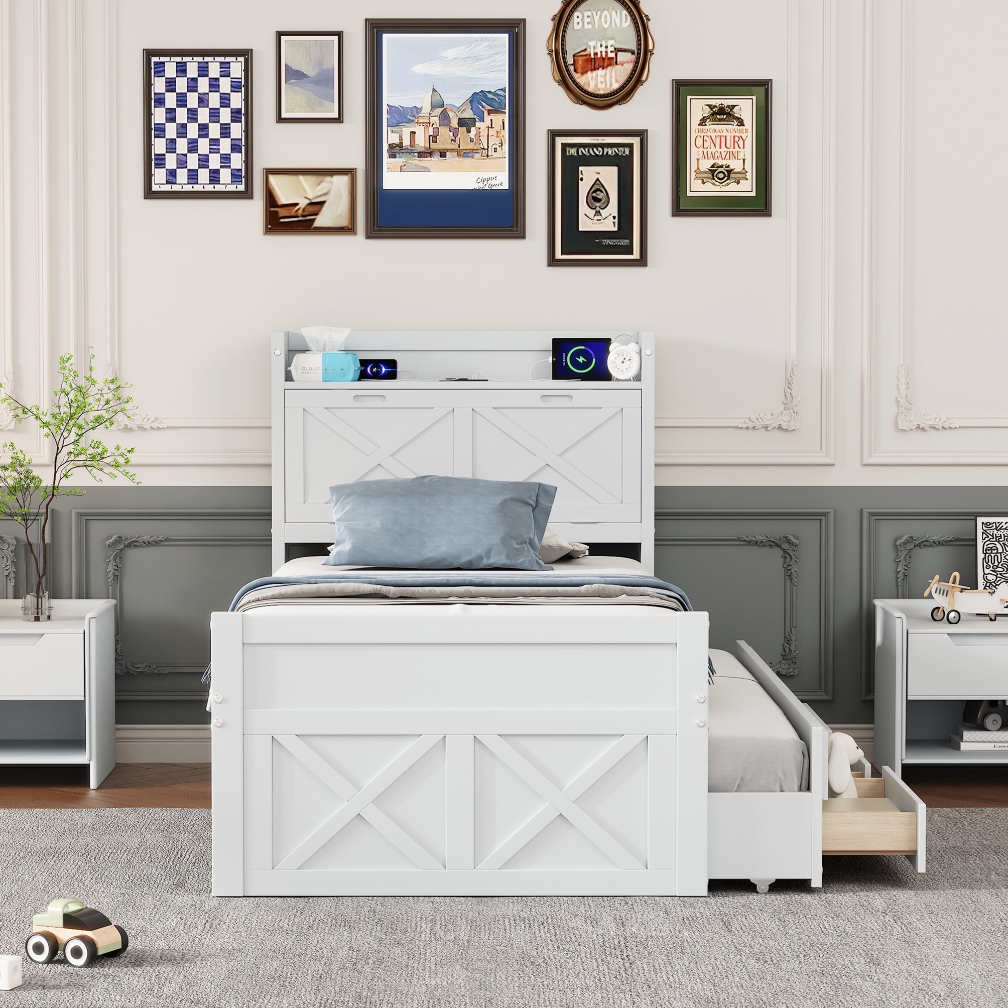Twin Size Wooden Bed with Storage Headboard with Outlets