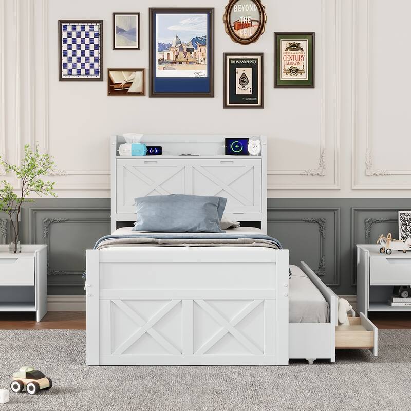Twin Size Wooden Bed with Storage Headboard with Outlets