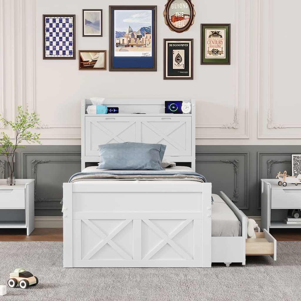 Twin Size Wooden Bed with Storage Headboard with Outlets