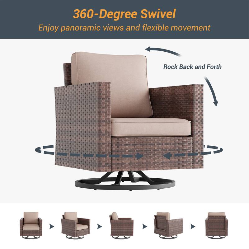 LIVOOSUN 3-Piece Patio Sofa Set Outdoor Rattan Swivel Rocking Chair Glass Table