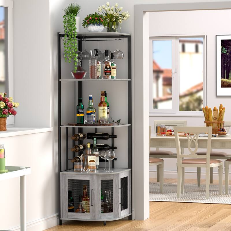 Anmytek 5 Tier Industrial Wooden Corner Wine Rack with Glass Holder & Storage Shelves