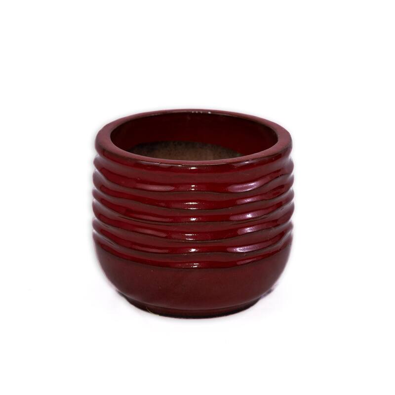 Rustic Red Ceramic Planter Set of 3 - 14.6" Square Striped Plant Pots with Drainage Holes