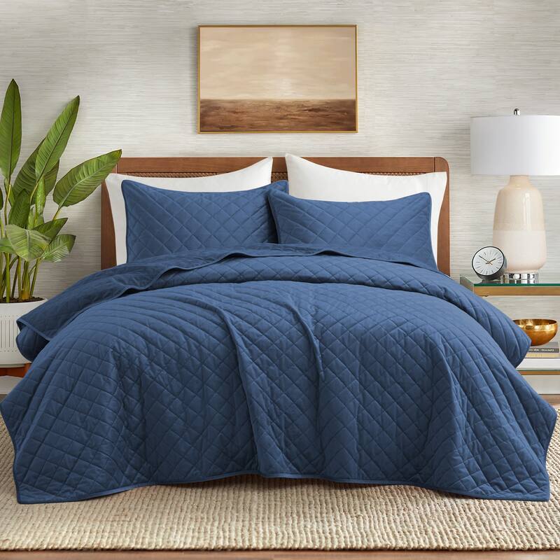 3-Piece Reversible Ultra Lighweight Coverlet Premium Microfiber Bedspread Quilt Set - Navy Velvet - 106" x 90"