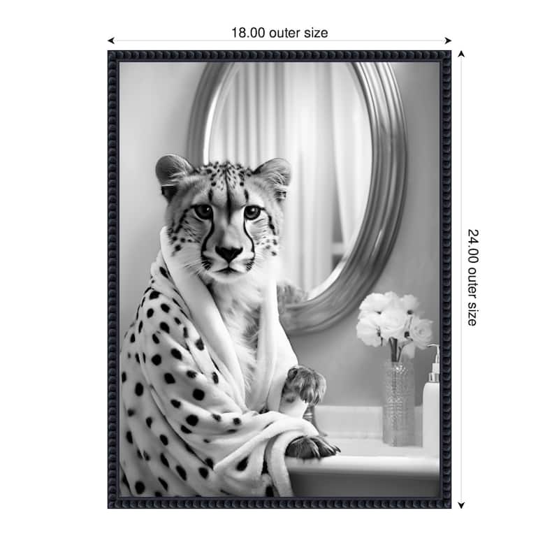 Kate and Laurel Sylvie Cheetah Glam Bathroom Towel Robe Black and White Framed Canvas by The Creative Bunch Studio