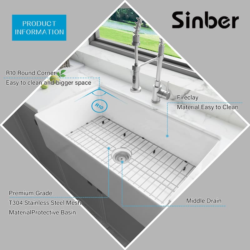 Sinber Farmhouse Apron Single Bowl Kitchen Sink with Fireclay White Finish