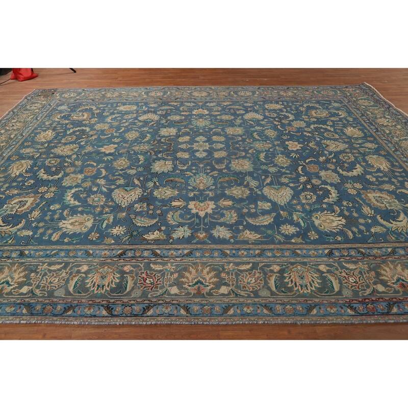 Distressed Blue Floral Tabriz Persian Area Rug Handmade Wool Carpet - 9'1"x 12'4"