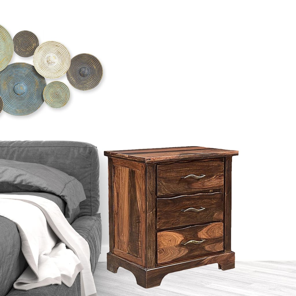 HomeRoots 27" Dark Brown Three Drawer Solid Wood Nightstand