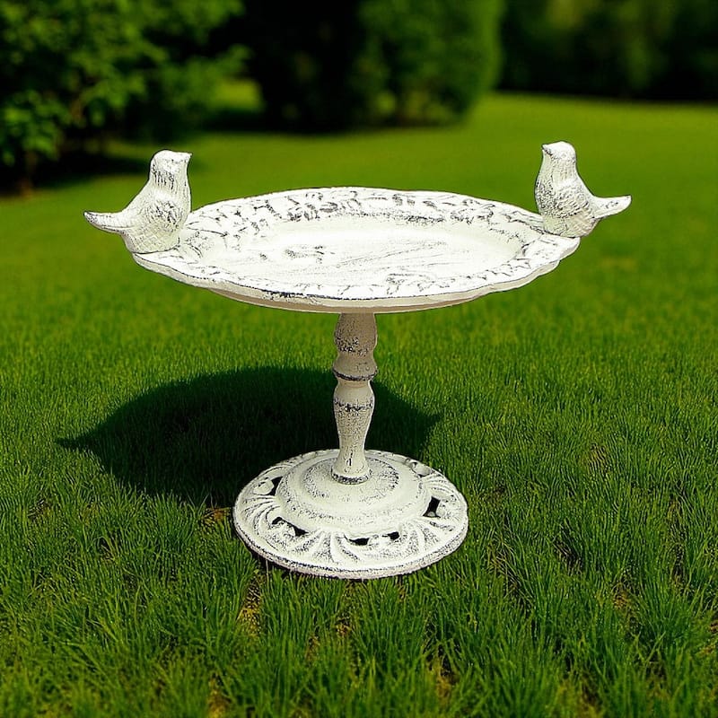 Antique White Cast Iron Bird Bath Aged Vintage Style Garden or Outdoor Decoration with Timeless Appeal - 11.5"W x 8.75"H x 6"D