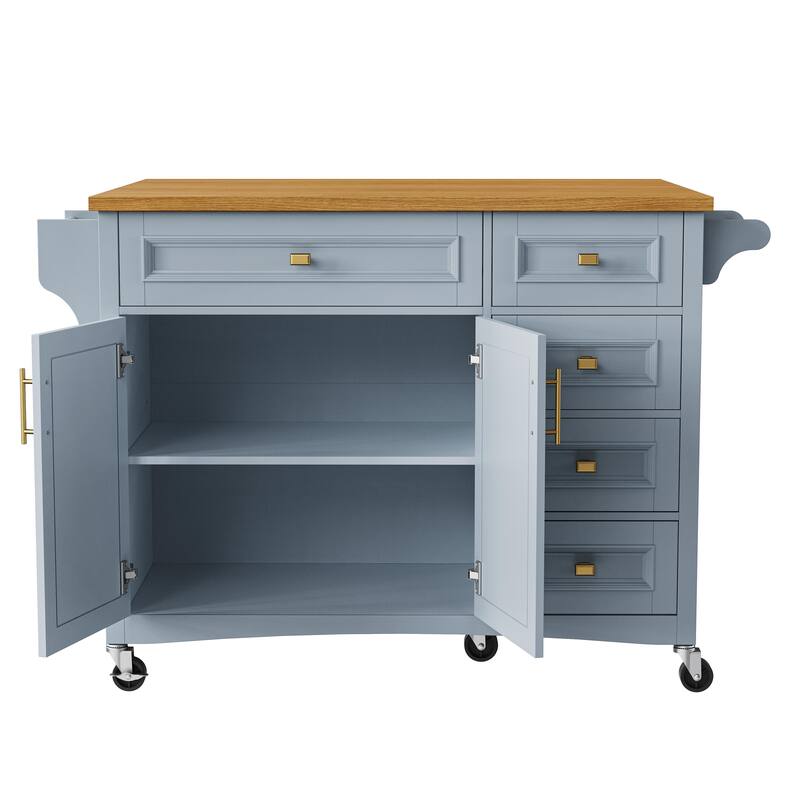 Kitchen Island on Wheels with Spice Rack, Towel Rack, 2 Doors and 5 Drawers, Kitchen Storage Cart with Adjustable Shelf