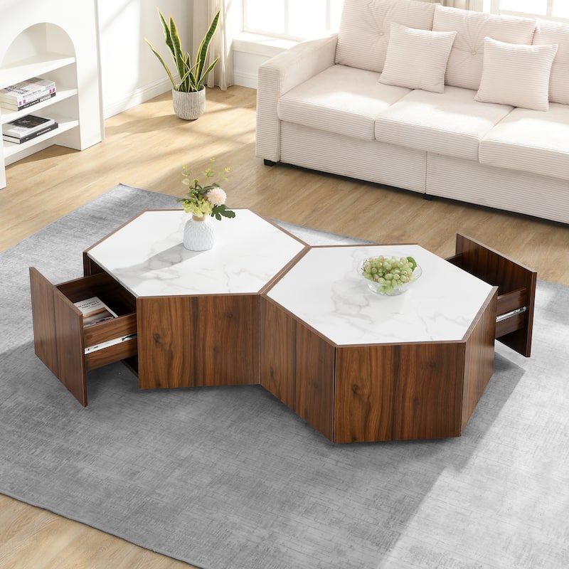 Christopher Knight Home - Quill Hexagonal MDF Coffee Table with Two Drawers and Modular Configuration - 2 Piece - White+Walnut