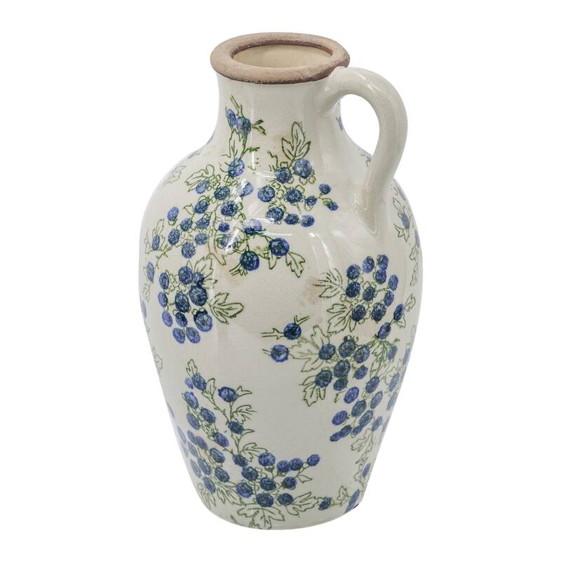 7.5x7.3x12" White Ceramic Vase With Blue Berry Motif