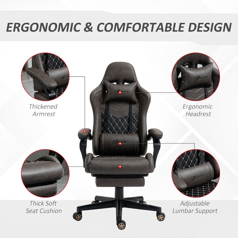 Brown PU Leather 360° Swivel Racing Gaming Recliner with Footrest, Headrest, Lumbar Support, Adjustable Height