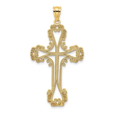 Curata 14k Yellow Gold Beaded Textured Large Cross Pendant Necklace 18mm x 38mm