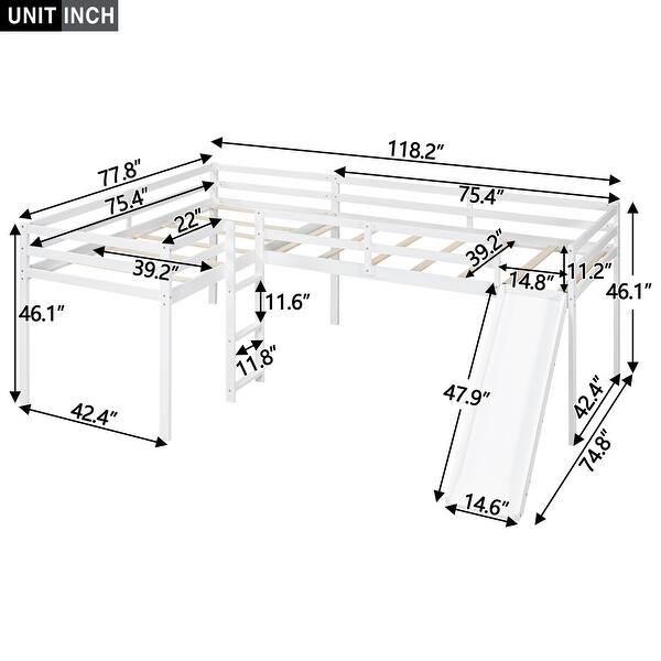 L-Shaped Twin Size Loft Bed with Ladder and Slide , Contemporary Design with Widened Ladder